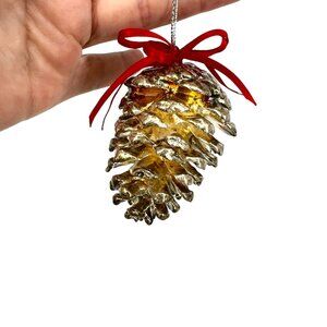 Silver Pine Pinecone Ornament With Red Bow